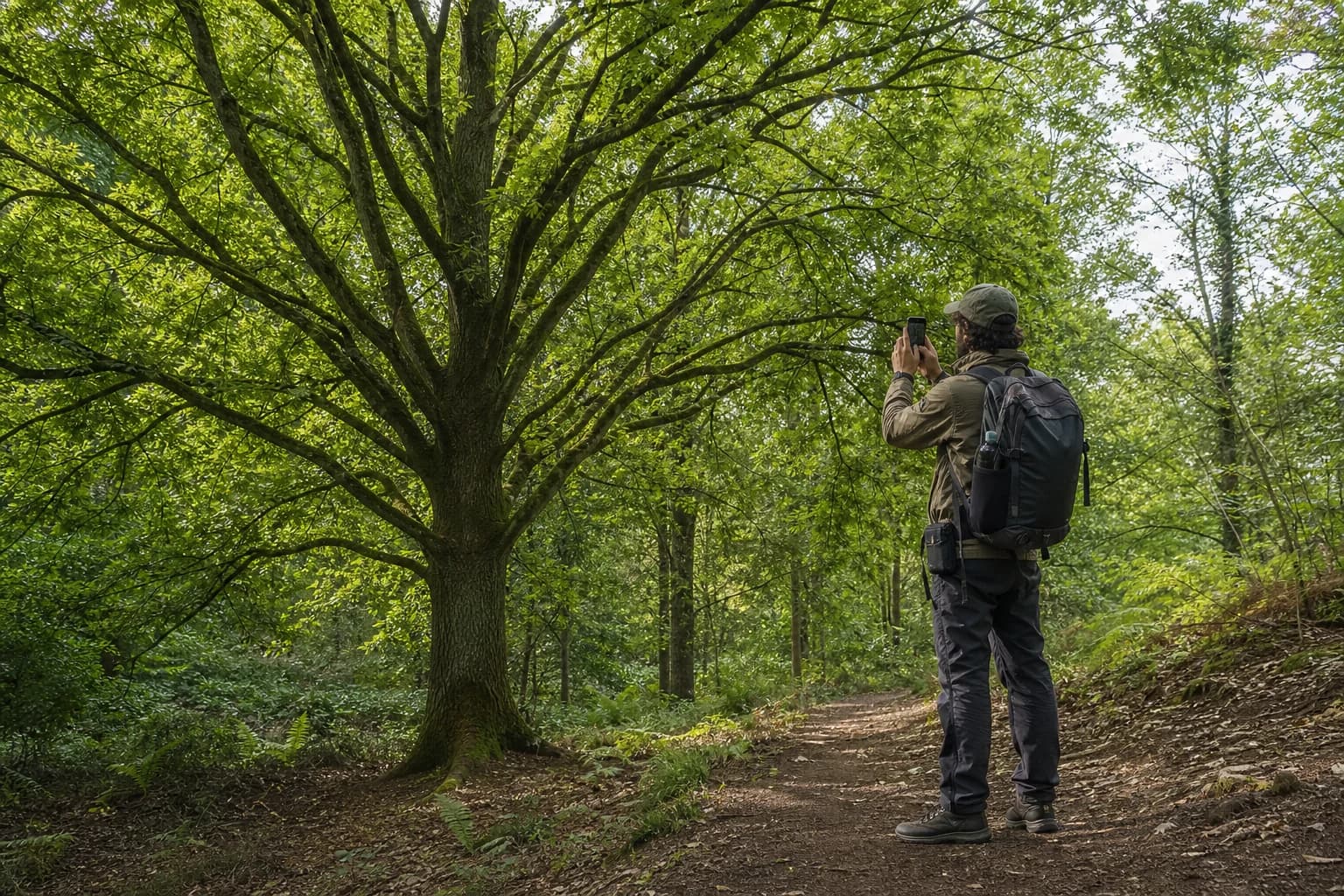 A hiker photographing the bark and canopy of a mature tree
